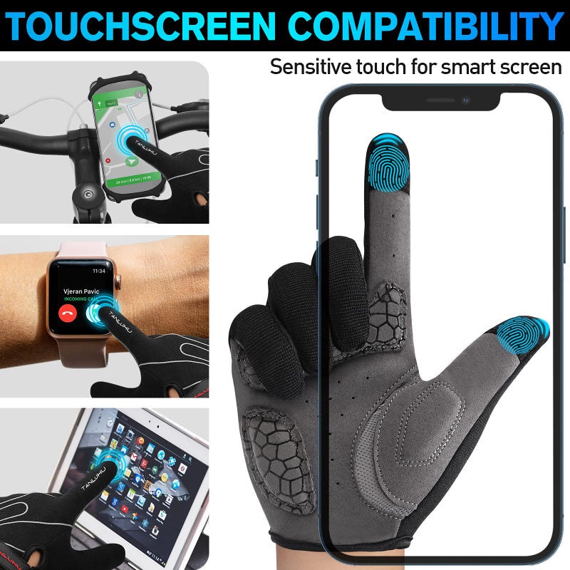 Tanluhu Cycling Mountain Bike Biking Gloves for Men Women Outdoor Full Finger Workout Touch Screen Anti-Slip Shock-Absorbing MTB Road Bicycle Gloves (Black) - Image 2